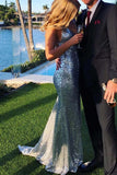 Niulatu Silver Sequins Mermaid Backless Long Prom Dresses, Evening HZ1007