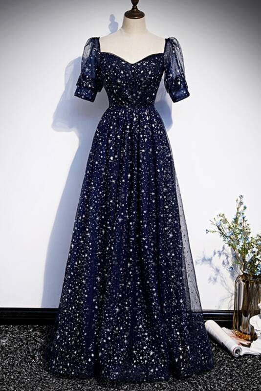 Starry Navy Blue A-line Long Prom HZ0308