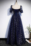 Starry Navy Blue A-line Long Prom HZ0308
