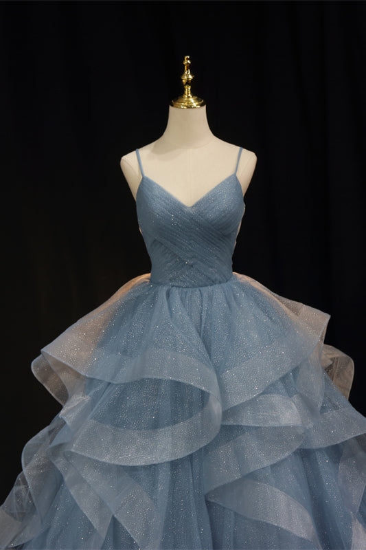 Straps Blue A-line Layers Long Formal HZ0308