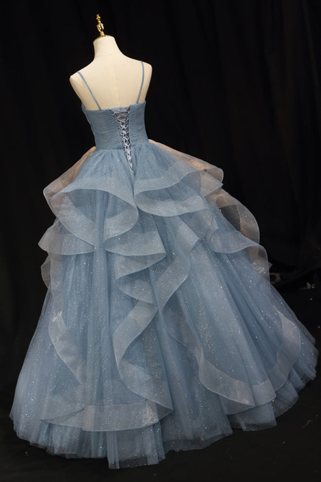 Straps Blue A-line Layers Long Formal HZ0308