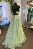 Straps Sage Green Appliques A-line Long Formal HZ0308
