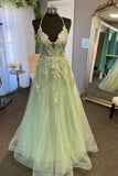 Straps Sage Green Appliques A-line Long Formal HZ0308