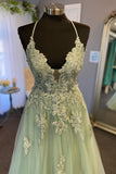 Straps Sage Green Appliques A-line Long Formal HZ0308