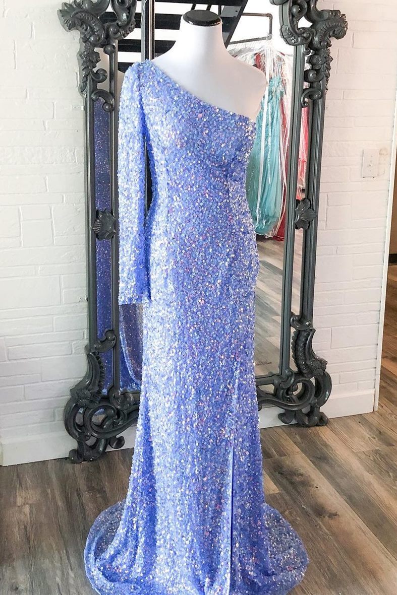 Stunning Light Purple Sequins Mermaid One Sleeve Prom HZ0308