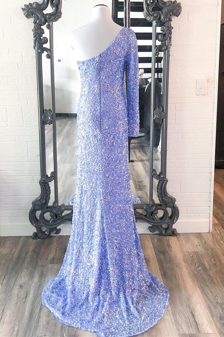 Stunning Light Purple Sequins Mermaid One Sleeve Prom HZ0308