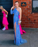 Stunning Light Purple Sequins Mermaid One Sleeve Prom HZ0308