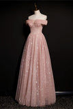 Stunning Off the Shoulder Pink Long Prom HZ0308