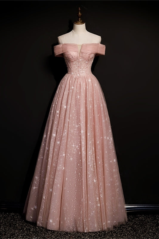 Stunning Off the Shoulder Pink Long Prom HZ0308