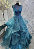 Niulatu Blue V-neck Tulle Appliques Sequins Long Prom Dress Spaghetti Strap Evening Dress HZ1007