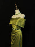 Niulatu Olive Green Satin Off The Shoulder Slit Prom Dress Slit Mermaid Evening Dress HZ1007