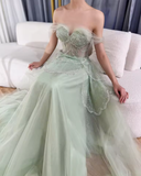 Niulatu Green A-Line Off The Shoulder Tulle Beaded Evening Dress Formal Prom Dress HZ1007