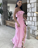Niulatu Pink Strapless Ruffle Slit Evening Dress Long Birthday Prom Dress HZ1007