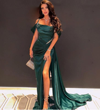 Niulatu Dark Green Satin Mermaid Prom Dresses 2025 Spaghetti Straps Pleats Seep Train Formal Evening Occasion Pageant Gowns HZ0113