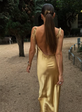 Niulatu Pecan Bronze A Line Spaghetti Strap Satin Open Back Prom Dress Wedding Guest Dress HZ0113