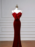 Niulatu Burgundy Velvet Slit Mermaid Evening Dress Long Prom Dress HZ1007