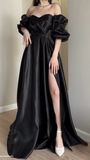 Niulatu Black Off The Shoulder Sweetheart A-line Prom Dress With Bubble Sleeves Slit Long Evening Dress HZ1007