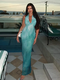 Niulatu Blue Chiffon Backless Printed Long Prom Dress Evening Gown HZ1007