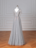Niulatu Gray Tulle Sequins A Line Prom Dress Sexy V Neck Evening Dress HZ1007
