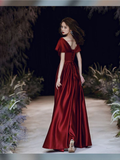 Niulatu Evening Dress V-neck Prom Gown Short Cap-sleeve Party Robe Long Satin Formal Women Custom-made Dress HZ1007