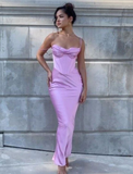 Niulatu Spaghetti Straps Lavender Satin Evening Dress Sheath Party Prom Dress HZ1007