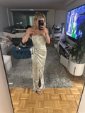 Niulatu Printed Corset Front-Slit Satin Prom Dress Formal Evening Dress HZ1007