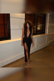 Niulatu Deep V Neck Black Evening Dress Black Evening Gown HZ1007