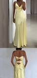 Niulatu Yellow V Neck Satin A Line Prom Dress Evening Dress HZ1007