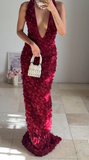 Niulatu Deep V Burgundy Rose Flowers Sheath Long Prom Dress Evening Dress HZ1007