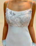 Niulatu Pastel Blue Straps Chiffon Appliques Beaded Prom Evening Dress HZ1007