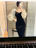 Niulatu V-Neck Elegant Black Stitching Velvet Dress Female Retro High Waist Puff Sleeves Evening Dress HZ1007