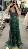 Niulatu Straps Dark Green Lace Mermaid evening Dress Long Prom Dress HZ1007