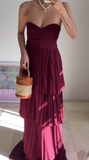 Niulatu Strapless Chiffon Pleated Tiered Long Evening Dress A Line Prom Dress HZ1007