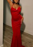 Niulatu Red Spaghetti Straps Red Velvet Evening Dress Mermaid Prom Dress HZ1007