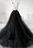 Niulatu Black Lace Tulle Long Prom Dress Black Evening Dress HZ0113