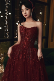 Niulatu Red Floral Lace and Tulle Long Evening Gown Party Dress Burgundy Formal Dresses HZ1007