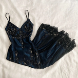 Niulatu Mermaid Spaghetti Straps Beaded Navy Blue Satin Long Prom Dress HZ0113