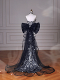 Niulatu Glitter Sequins Tulle Mermaid Prom Dress Strapless Evening Dress With Bow HZ1007