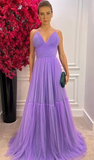 Niulatu V Neck Purple Tulle Prom Dress Purple Evening Dress HZ1007