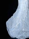 Niulatu Blue Tulle Beaded Chain V Neck Long Mermaid Prom Dress Evening Dress HZ1007