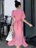 Niulatu Pink Puff Sleeves Mid-length Prom Dress Pink Evening Dress HZ1007