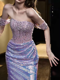 Niulatu Off Shoulder Beaded Sequin Mermaid Prom Purple Formal Evening Gown HZ1007