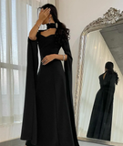 Niulatu High Neck Sweetheart Neckline Floor Length Black Crepe Long Evening Dress HZ1007