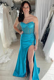 Niulatu Sheath Silk Satin Beaded Strapless Prom Dresses With Slit, Party HZ1007