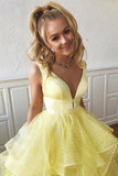 Niulatu V-neck Yellow Prom Dresses A-line Long Party Dresses with HZ1007