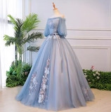 Niulatu blue tulle lace long prom dress blue evening dress HZ1007