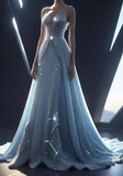 Niulatu Blue Sequins Beaded Evening Dress Formal Long Evening Dress HZ1007