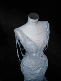 Niulatu Blue Tulle Beaded Chain V Neck Long Mermaid Prom Dress Evening Dress HZ1007