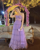 Niulatu Line Lilac Prom Dress Strapless Formal Evening Gown HZ1007