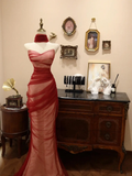 Niulatu Strapless Red Tulle Mermaid Evening Dress Formal Prom Dress HZ1007